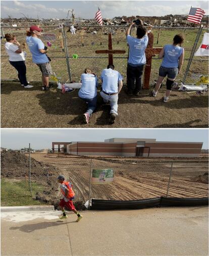 En la imagen de arriba, voluntarios rezan en un altar improvisado en el exterior de la escuela Plaza Towers el 26 de mayo de 2013. Abajo, un niño pasa por las obras de construcción de la nueva escuela en Moore, 7 de mayo de 2014.