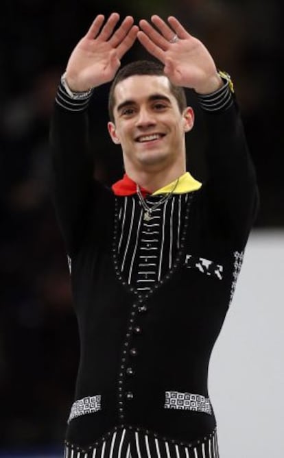 Spain's Javier Fernández greets the audience after competing the in men's short program at the European Figure Skating Championships in Budapest.