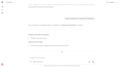 Tras dar una definición de comprensión Potemkin, la versión online gratuita de Chat GPT, aporta un ejemplo correcto.