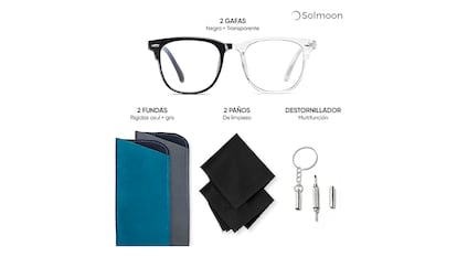 Gafas con filtro de luz azul sobre fondo blanco.