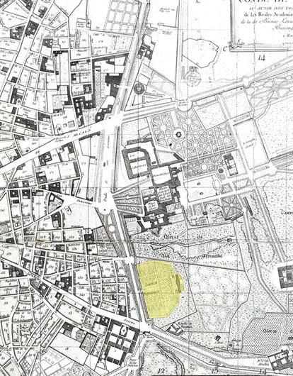 Plano geométrico de Madrid. 1785. Detalle de la zona sur-este de Madrid, correspondiente al Prado de los Jerónimos, Prado de Atocha, calle de Atocha y camino de Atocha. 