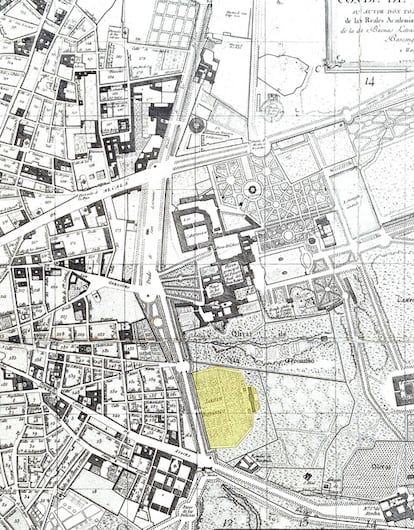 Plano geométrico de Madrid. 1785. Detalle de la zona sur-este de Madrid, correspondiente al Prado de los Jerónimos, Prado de Atocha, calle de Atocha y camino de Atocha.