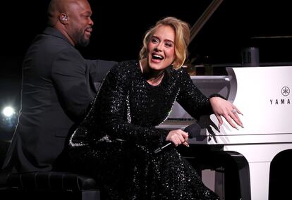 Adele, at the piano at Caesars Palace in Las Vegas, Nevada (USA) on January 26, 2024.