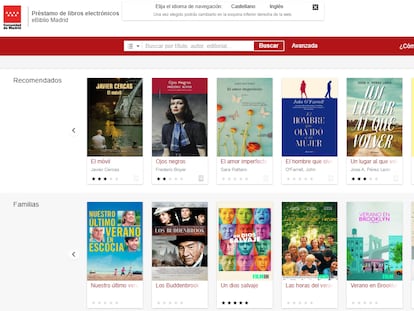 Captura de pantalla de la página web de eBiblio Madrid.