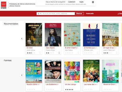 Captura de pantalla de la página web de eBiblio Madrid.