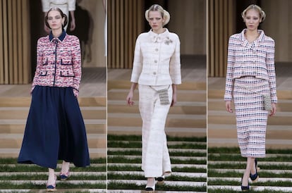 La chaqueta de Tweed clásica de Chanel no faltó en el desfile. Acompañada de falda ancha, falda de tubo o bien de un pantalón, la prenda de la 'maison' francesa es un imprescindible de todas sus colecciones.