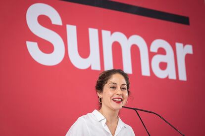 La secretaria de Organización de Sumar, Lara Hernández, este lunes en rueda de prensa en Madrid, en una imagen cedida por el partido.