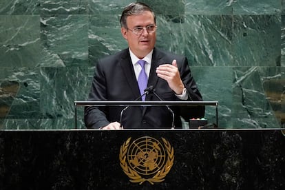 El canciller Marcelo Ebrard, este jueves durante su discurso en la Asamblea General de Naciones Unidas