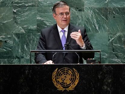 El canciller Marcelo Ebrard, este jueves durante su discurso en la Asamblea General de Naciones Unidas.