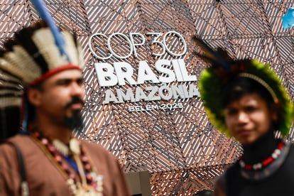 Indigenous people from the Pataxó tribe, from the state of Bahia, this Tuesday at COP30 in Belém.