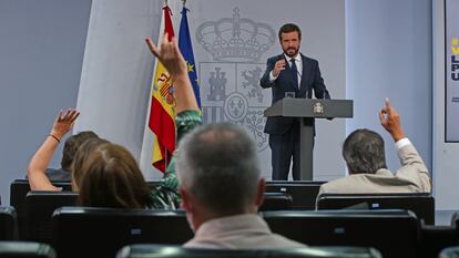 El presidente del PP, Pablo Casado, durante una rueda de prensa este miércoles.