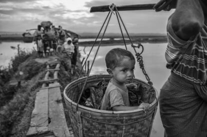 Un niño refugiado musulmán rohingya es llevado en una canasta después de cruzar la frontera de Myanmar a Bangladesh cerca del río Naf el 2 de noviembre de 2017.