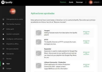 Menú para revocar acceso de apps en Spotify