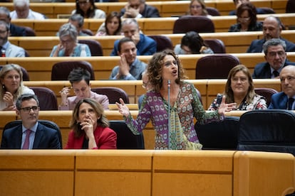 La vicepresidenta primera y ministra de Hacienda, María Jesús Montero, durante una sesión de control de Gobierno en el Senado, este martes.