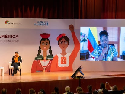 Claudia Sheinbaum, Pepa Bueno y Francia Márquez en el diálogo 'Mujeres de América por los derechos y el bienestar', en Ciudad de México, el 31 de mayo de 2023.