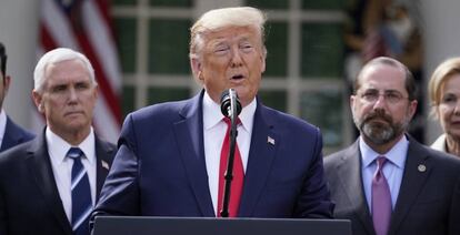 El presidente de EE UU, Donald Trumo, durante la rueda de prensa en la que ha anunciado la declaración de emergencia nacional en el país.