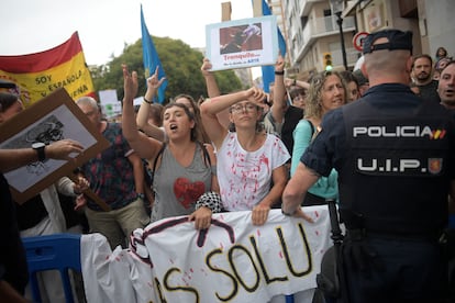 Concentración de la Asociación Nacional Animales con Derechos y Libertad (Anadel) en protesta contra la celebración de la feria taurina de Begoña, en Gijón en 2023. 
