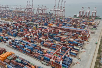 Containers ready for transport, at the port of Guangzhou (China) on April 17.