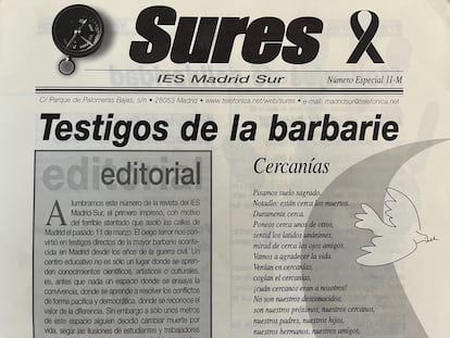 Edición especial 11-M del periódico 'Sures'  realizado por los alumnos y alumnas del IES Madrid Sur, situado a pocos metros de la estación de El Pozo donde se produjeron dos explosiones que acabaron con la vida de 65 personas.