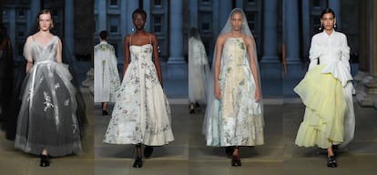 Varias modelos posan con diseños de Erdem en la semana de la moda de Londres.