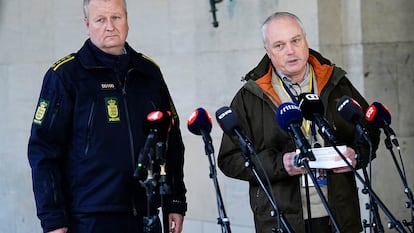 Police inspectors hold a press briefing on coordinated police action, at the police station in Copenhagen, Denmark, December 14 2023.