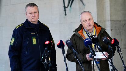 Police inspectors hold a press briefing on coordinated police action, at the police station in Copenhagen, Denmark, December 14 2023.