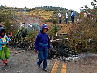 Grupo de indígenas bloqueia uma estrada em ato de protesto.