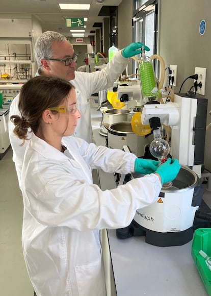 Los investigadores Eugenia Pujol y Santiago Vázquez en el laboratorio de Fundació Bosch i Gimpera, en Barcelona.