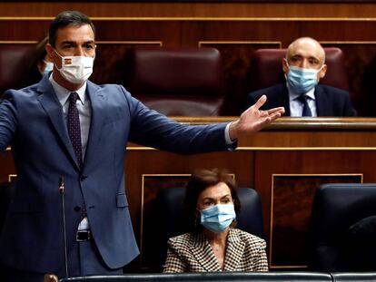 El presidente del Gobierno, Pedro Sánchez, en un momento de la réplica a Pablo Casado.