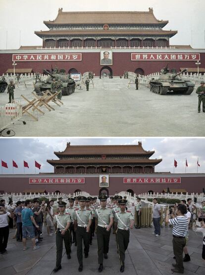 En la imagen de arriba, miembros del Ejército de Liberación Popular hacen guardia en la plaza de Tiananmen, 10 de junio de 1989. Abajo, policías chinos marchan por la misma plaza, 28 de mayo de 2014.