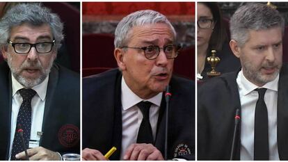 Tras 51 sesiones, 422 testigos y muchas horas de pruebas periciales y documentales, las defensas de Junqueras, Romeva y Forn denuncian deficiencias en las pruebas de las acusaciones. Solo hicieron una concesión, con coste casi nulo para los procesados: asumir el delito de desobediencia de forma explícita, un delito que no conlleva penas de cárcel. En la imagen, desde la izquierda, los abogados Jordi Pina, Javier Melero y Andreu Van den Eynde.