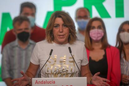 La secretaria general del PSOE-A, Susana Díaz, perdedora en las primarias recientes del partido en su región, en rueda de prensa el domingo en Sevilla.