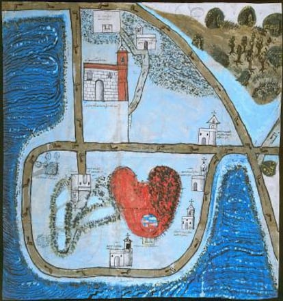 Mapa que mostra uma vista geral do território que circunda o povoado de Chimalhuacán-Atoyac, “a cinco léguas” da Cidade do México. Foi elaborado em cumprimento da Real Cédula dada pelo rei Felipe II em 25 de maio de 1577, para que mostrasse o que os conquistadores encontravam nas Índias.