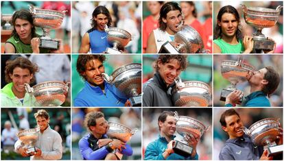 Combinación de imágenes de Rafael Nadal con todas sus victorias en Roland Garros.