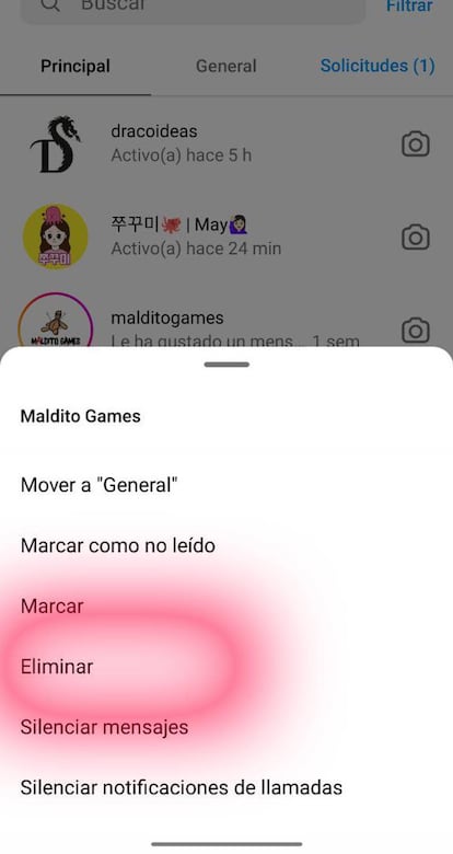 Eliminar conversación Instagram