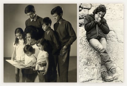A la izquierda, los seis hermanos Vega junto a su madre, Mari Luz. A la derecha, el compositor tocando una armónica.