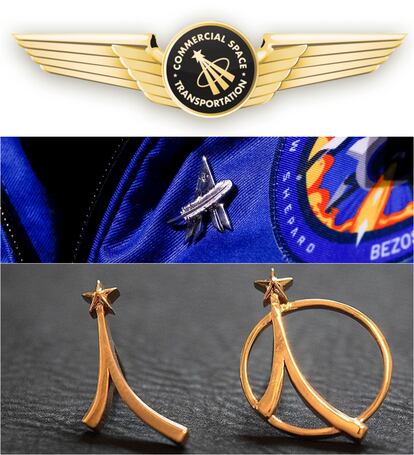 De arriba a abajo, la insignia que entrega la FFA, la que lució Bezos en su traje y las que entrega la Asociación de Exploradores Espaciales.