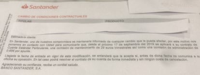 Imagen de la carta enviada por Banco Santander a un cliente.