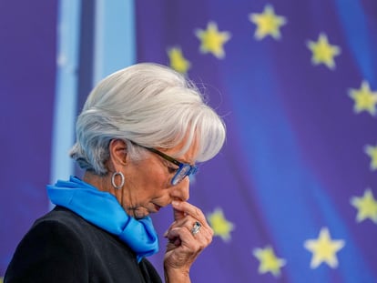 President of European Central Bank Christine Lagarde speaks during a press conference following the meeting of the governing council in Frankfurt, Thursday, Oct. 28, 2021.