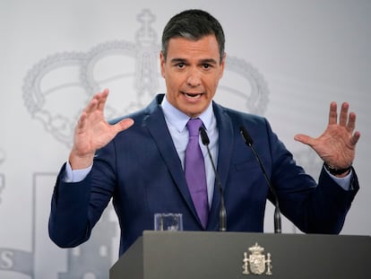 Pedro Sánchez, durante su rueda de prensa en La Moncloa tras el Consejo de Ministros de este sábado.