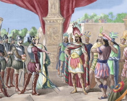Grabado en color de 1875 que representa el momento en el cual Hernán Cortés toma prisionero a Moctezuma II, de autor anónimo.