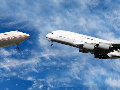 Fotomontaje de un Boeing 747 y un Airbus A380.