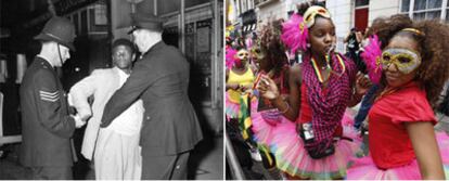 A la izquierda, policías cachean en septiembre de 1958 a un hombre en Talbot Road durante las algaradas. A la derecha, jóvenes bailando ayer en la primera jornada del carnaval.