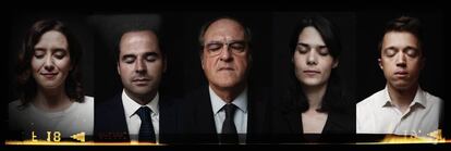 Da los candidatos a la presidencia de Madrid en 2019, solo Isabel Diaz Ayuso sigue en política autonómica. De izquierda a derecha son Isabel Díaz Ayuso (PP), Ignacio Aguado (Ciudadanos), Ángel Gabilondo (PSOE), Isa Serra (Podemos) e Íñigo Errejón (Mas Madrid).