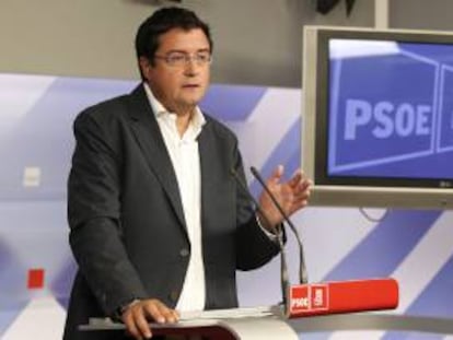 El secretario de Organización del PSOE, Óscar López esta semana en una rueda de prensa en Madrid.