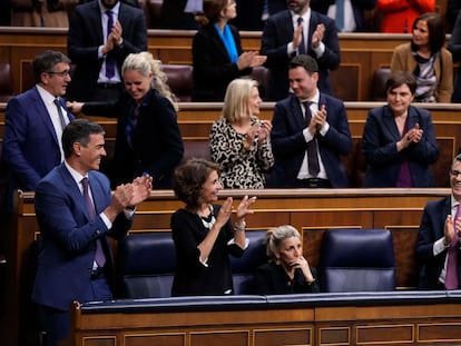 From left to right and foreground, Spain's Socialist Prime Minister Pedro Sanchez, Spain's Deputy Prime Minister and Ministry of Finance Maria Jesus Montero and Spain's second Deputy Prime Minister and Labour Minister Yolanda Diaz and Spain's Minister for the Presidency Felix Bolanos at the Spanish Parliament in Madrid, Spain, Thursday, March 14, 2024.