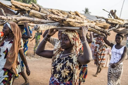 Un grupo de mujeres transporta leña para sus hogares. Con la llegada de la luz solar pasan menos tiempo en ir a recolectarla ya que solo la usan para cocinar.