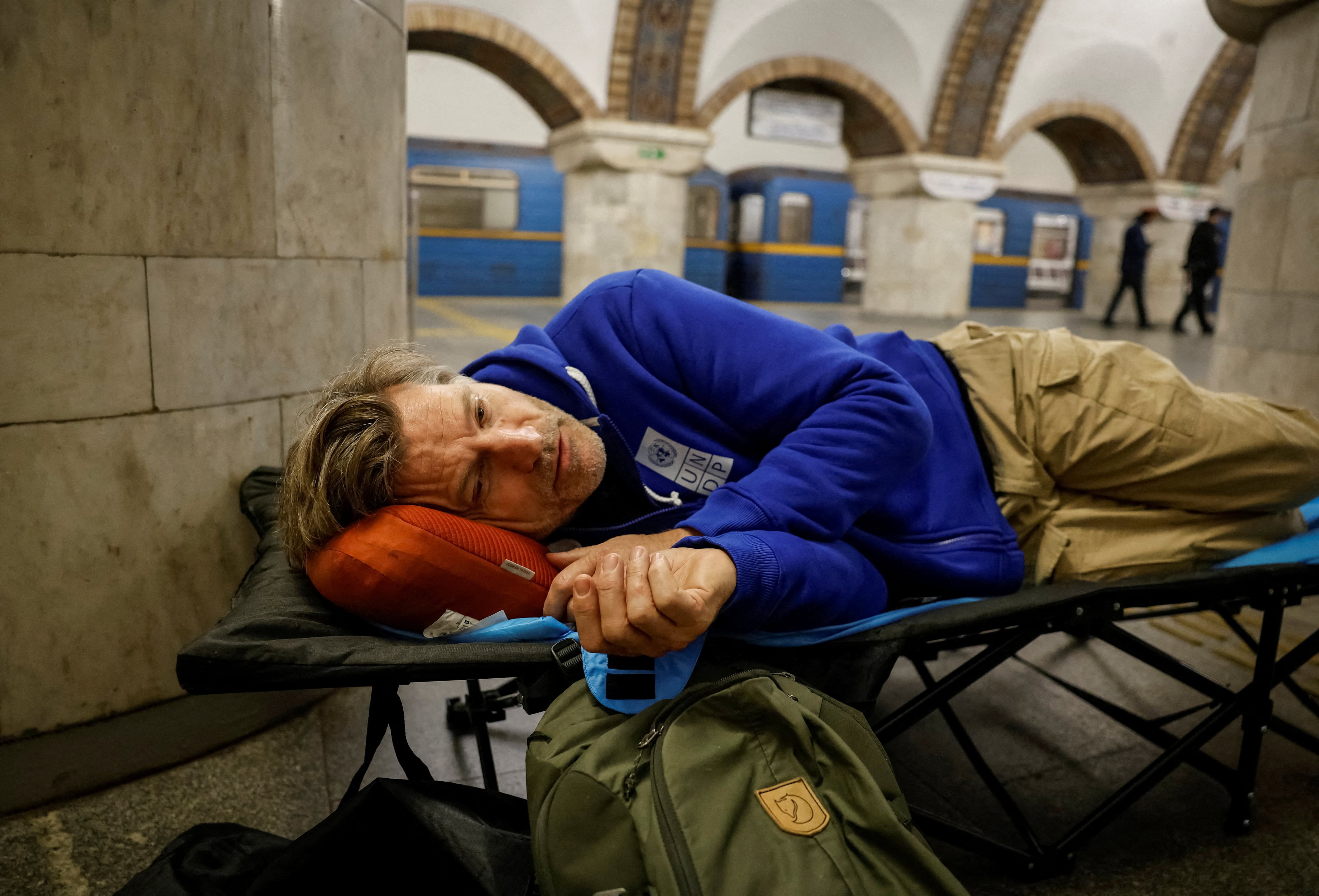 Actor Nikolaj Coster-Waldau takes shelter inside a metro station in Kyiv