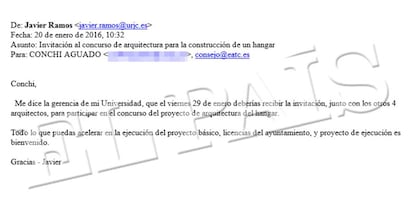 Correo en el que Ramos avisa a la arquitecta con la que lleva meses trabajando de que la van a invitar a la licitación.