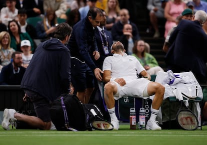 Dimitrov se lamenta tras lesionarse durante el partido contra Sinner.